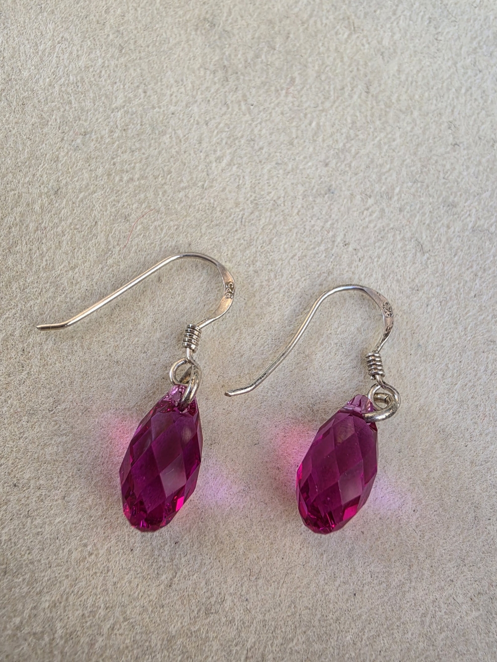 Fuchsia Pink Faceted Teardrop Dangle Earrings • 925 SterlingSilver Hooks • 1.89g